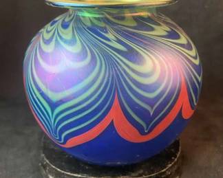 Signed Feather Fume Irredescent Glass Vase