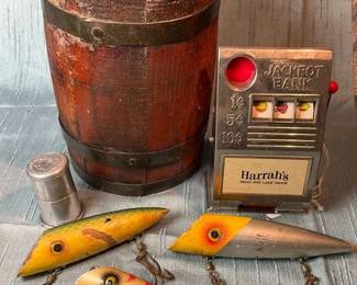 Shot Glass, Wood Keg, Slot Machine Bank Salmon Lures