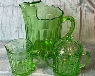Green Depression Glass Sugar, Creamer Pitcher 