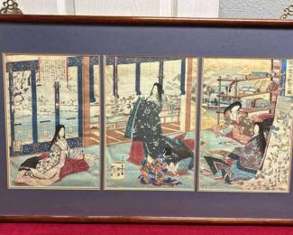 Japanese Chikanobu Woodblock Triptych "Court Ladies" Circa 1886