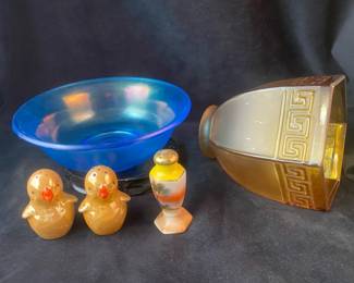 Amber Glass Greek Key Shade, Irridescent Bowl And More