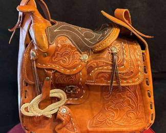 Tooled Leather Horse Saddle Shoulder Bag
