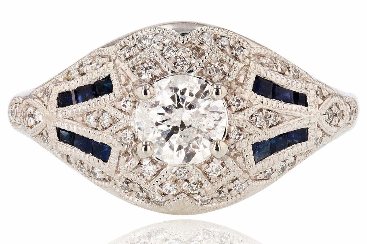 14K white gold diamond and sapphire ring