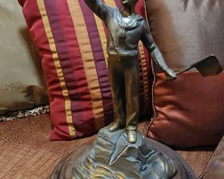 Rare: Bronze Statue Of Sailor Holding Two Signal Flags Standing On A Rock, Impressed Mark Reads "Escuela De Mecanica, ARA," Mounted On Cir