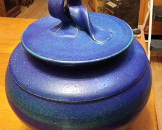 Blue Pottery Lidded Pot w/ Unusual Handle