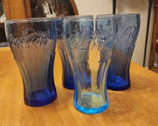 6 blue Coca-Cola glasses