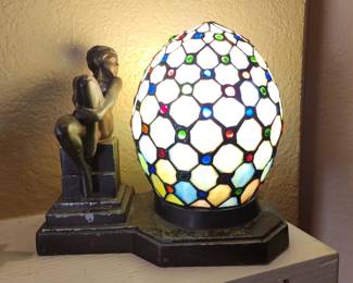 Vinage Cast Iron and Tiffany Style Lamp