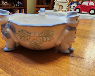 VTG Glazed Porcelain Snowmen w/ Holly Berry Candy Dish