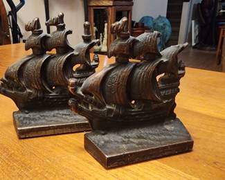 Vintage Pair Cast Iron Brass Bronze Pirate Ship Sails Explorer Ships Bookends