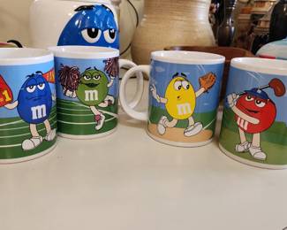Galerie 2003 M&M Mugs - 2 Golf/Baseball, Red and Yellow and 2 Sport, Football, Cheerleader Blue and Green M&Ms