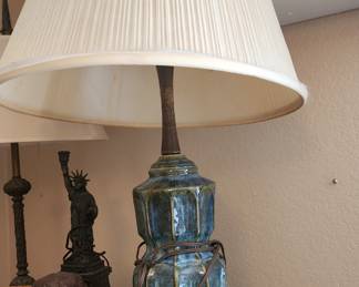 Vintage Pottery Blue/Green Drip Mid Century Modern Lighting w/Teak Stem Lamp