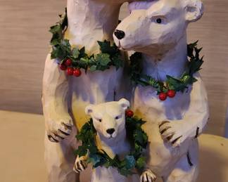 White Resin Bear Family with Wreath Scarves