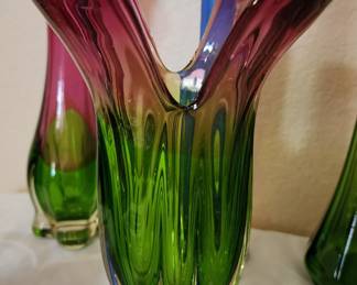 Mid Century Italian Venetian Murano Art Cranberry Clear And Lime Sommerso Vase