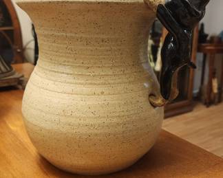 Hand Made Pottery Pot Natural Beige with Brown Dog Hanging On