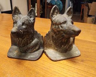 Vintage Pair Cast Metal German Shepherd Dog Bust Head Figure Bookends