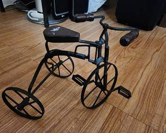 Miniature Wrought Iron Tricycle with Wooden Seat and Handles