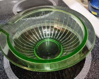 Vintage Green Uranium Glass Ribbed Batter Bowl with pour spout