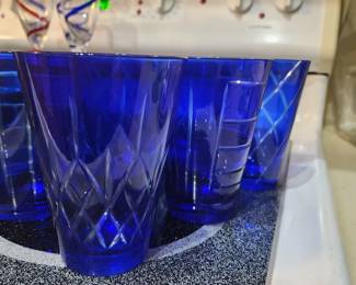 Vintage Cobalt Blue Cut to Clear Old Fashion Glasses Cocktail Drinking Set of 6