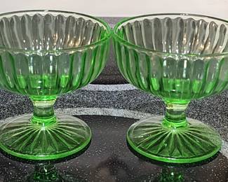 2 Uranium Hazel Atlas Green Sherbet Dishes Ribbon Pattern
