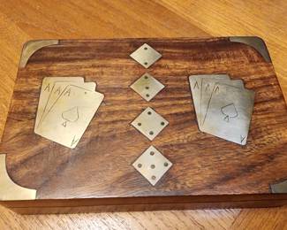 Playing Cards Handmade Wooden Storage Box with 5 dice Antique Design