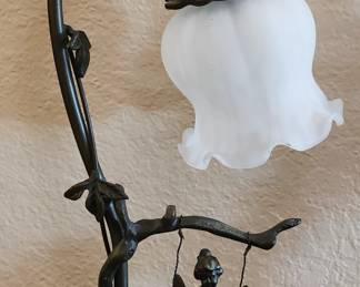 Table Lamp Tiffany style Marble Base Bronze Glass Shade Cherub Sitting On Swing.