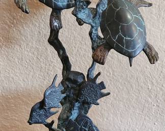 Sea turtles duet with 3 fish cast brass sculpture
