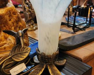 Vintage White Tulip Lamp with Hummingbird 8” Tall