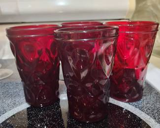Set 4 Vtg Anchor Hocking Royal Ruby Red Juice Glasses Diamond and Jewel Pattern