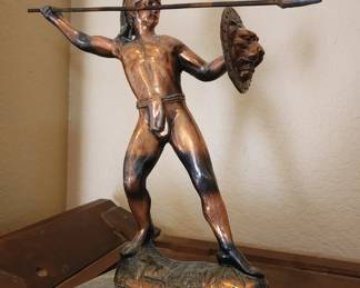 Copper Greek Warrior Statue Figure Sculpture Spear Lion Shield