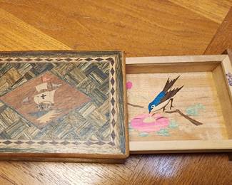 Small Vintage Hand-Crafted Wooden Box Adorned With a Pair of Scotties and Intricate Parquet Patterns From England - Circa 1940’s