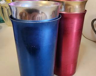 Vintage MCM Set 7 Sunburst Aluminum Tumblers Mid Century Cups Glasses Metal USA
