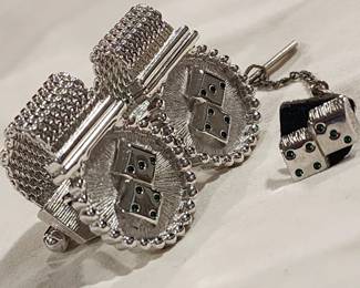 Swank Silver Tone Lucky 7 Green Pips Dice Cuff-Links / Tie Tack