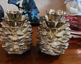 2 Brass-Plated Pinecone Candleholders
