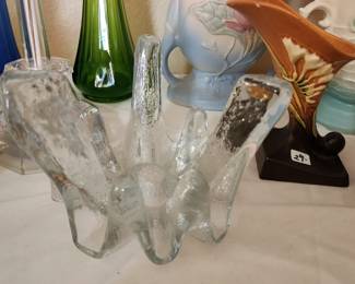 Scandinavian Art Glass Candle Holder Ice Textured Draped Sides