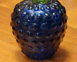 Cobalt Blue Apple with Green Stem. Hobnail Pattern