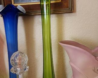 Vintage Green Glass Swung Stretch Vase MCM decor ribbed
