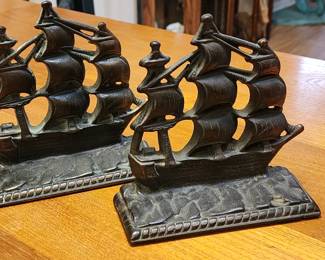 Pair Vintage Cast Bronze Bookends Clipper Ship Sailing Nautical GD 25