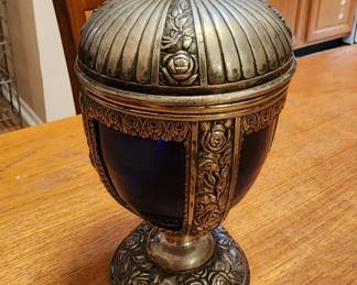 Vintage Ornate Silver Plate French Cottage Pedestal Egg With Cobalt Blue Egg Dish/Jewelry-Candy Dish