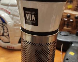 Starbucks Via Ready Brew Coffee Tea Ceramic & Metal Travel Tumbler Mug Cup 16 oz
