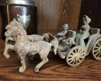 Vintage Antique Cast Iron Horse & Buggy Carriage w Passenger