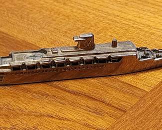 Brass Cruise Ship Figurine with V on Stack Made in Hong Kong