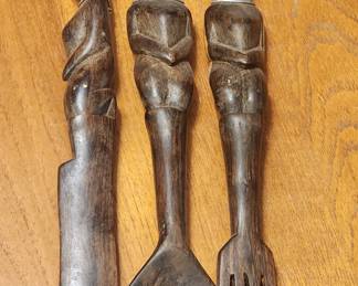 Teak Wooden Carved African Fork Spoon Knife Set Tribal Primitive Decor Vintage