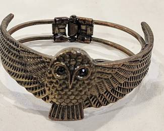 Brass Owl Spring Hinged Wide Cuff Bracelet