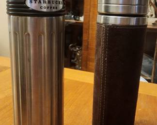 Vtg Starbucks 16 oz. Stainless Steel Groovy Slim Tumbler 2004 & Starbucks 12oz Stainless Steel Thermos Tumbler w/ Brown Leather Sleeve