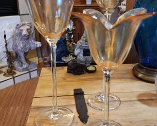 3 Piece Glass Lusterware Long Stem Glass Peach Tulip Candle Holder