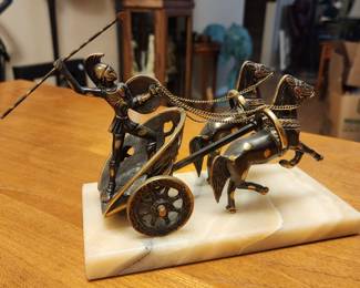 Vintage bronze chariot with horses Achilles - Achilleus on marble or stone base made in Greece - patina
