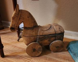 Hand Carved Wooden Horse On Wheels. Wooden Spice Box. Antique Toy. Folk Art.
