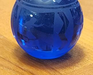 Rich Cobalt Blue Etched Round Art Deco Glass Ball Paperweight Egyptian theme