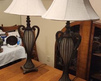 Pair Artistically Designed Metal, Glass, & Resin Table Lamps