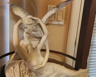 G.Ruggeri Alabaster Sculpted Itallian Cupid and Psyche Statue on Wooden Base